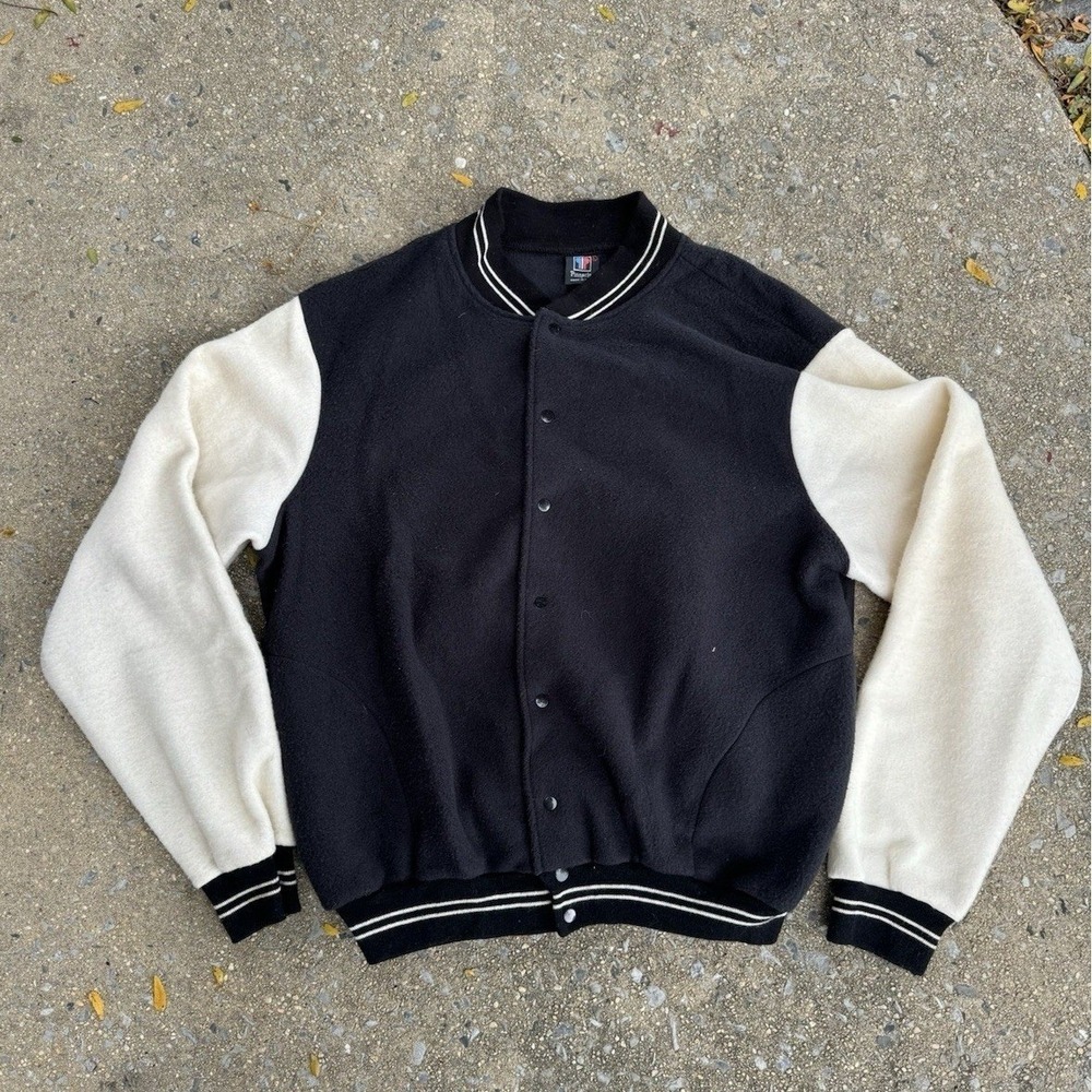 Pinnacle Mens Varsity Bomber Jacket Black Cream Fleece Snap Front‎ Made in USA L